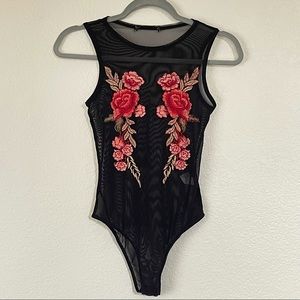 Floral Embroidered Black Bodysuit